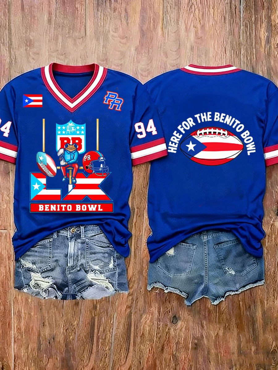 Bad Bunny Super Bowl Merch 2026 Here For The Benito Bowl V-Neck Shirt Football Gifts For Her