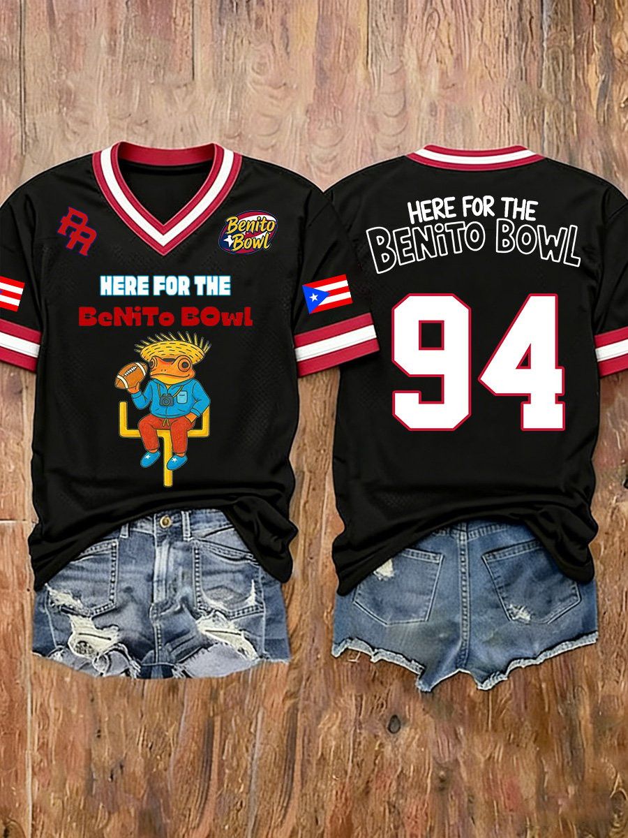 Bad Bunny Super Bowl Merch 2026 Here For The Benito Bowl V-Neck Shirt Football Themed Gifts