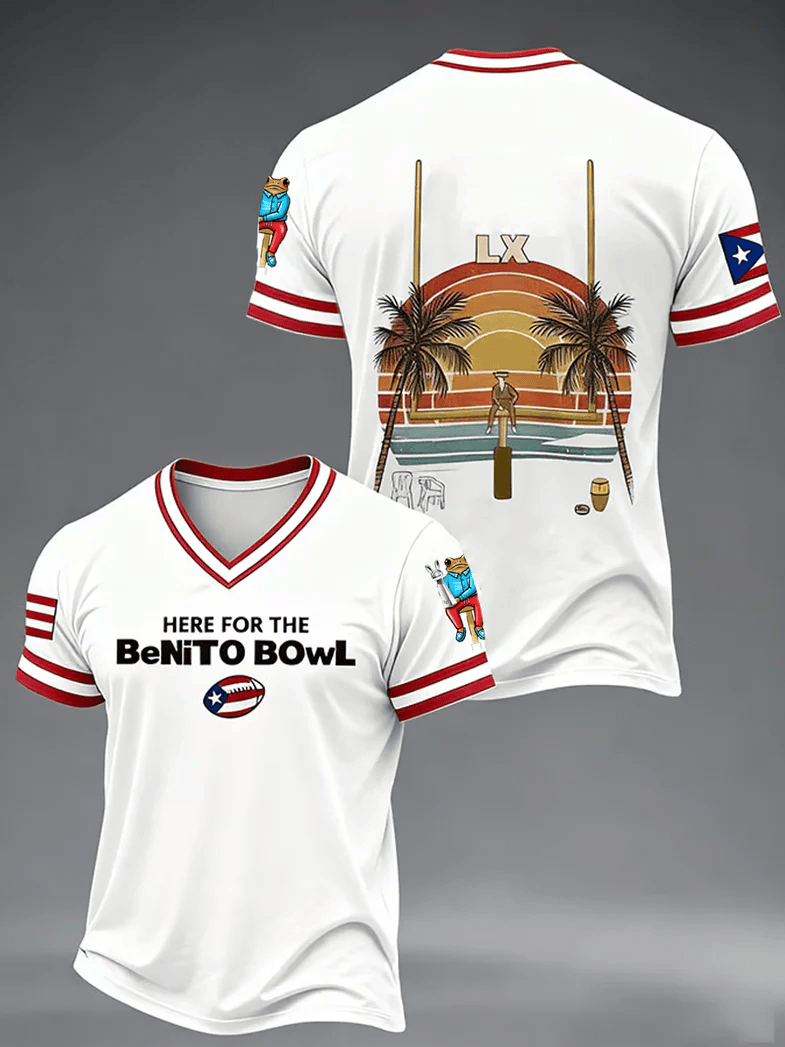 Bad Bunny Super Bowl Merch 2026 Here For The Benito Bowl V-Neck Shirt Game Day Merch