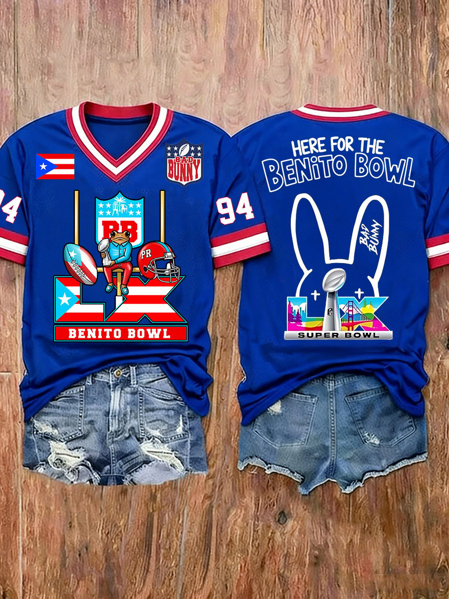 Bad Bunny Super Bowl Merch 2026 Here For The Benito Bowl V-Neck Shirt Gifts For Football Fan