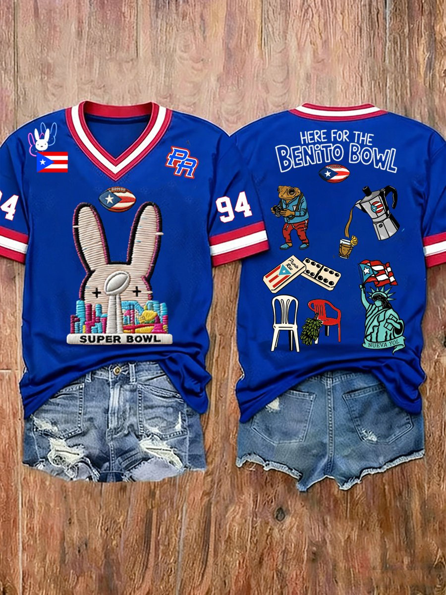 Bad Bunny Super Bowl Merch 2026 Here For The Benito Bowl V-Neck Shirt Gifts For Game Day