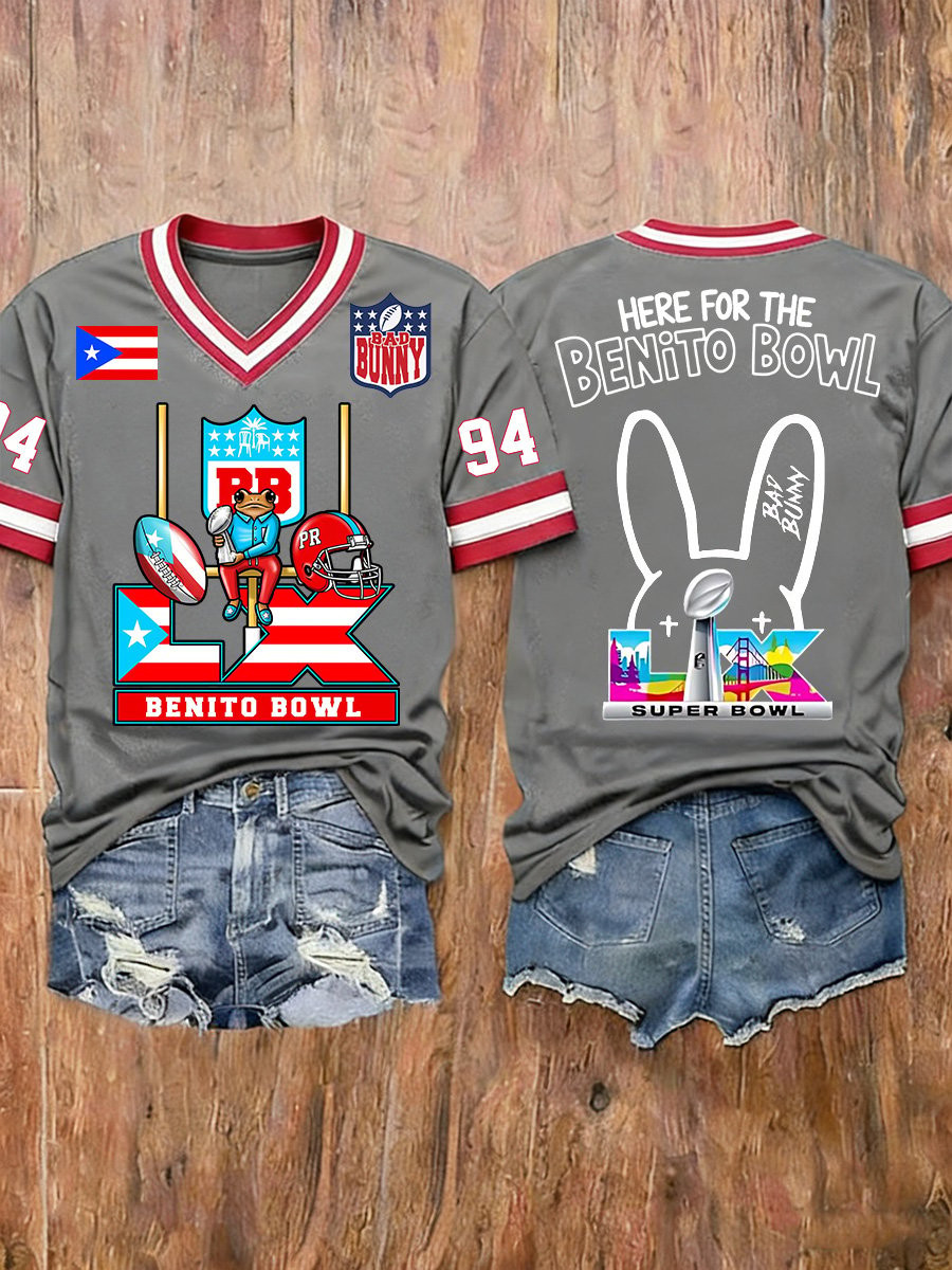 Bad Bunny Super Bowl Merch 2026 Here For The Benito Bowl V-Neck Shirt Presents For Football Fans