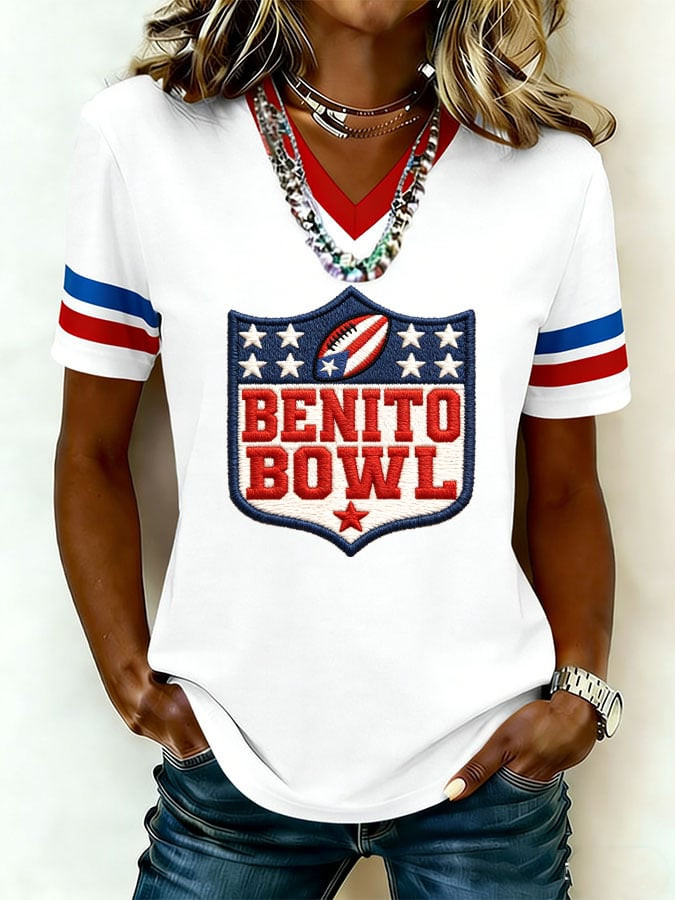 Bad Bunny Super Bowl Merch 2026 Here For The Benito Bowl V-Neck T-Shirt Bad Bunny Merch Women Bad Bunny Super Bowl Merch 2026 Here For The Benito Bowl V-Neck T-Shirt Bad Bunny Merch Women