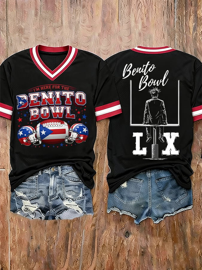 Bad Bunny Super Bowl Merch 2026 Here For The Benito Bowl V-Neck T-Shirt Bad Bunny Website Bad Bunny Super Bowl Merch 2026 Here For The Benito Bowl V-Neck T-Shirt Bad Bunny Website