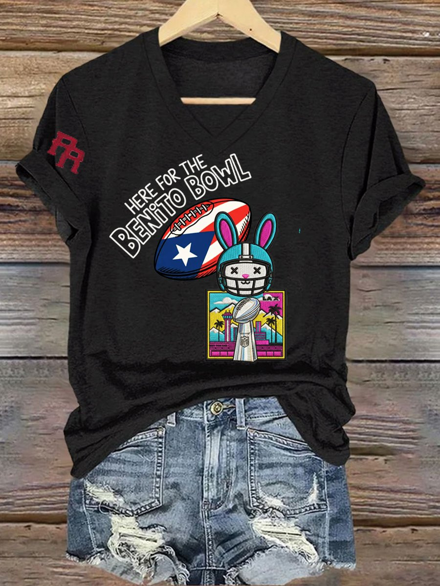 Bad Bunny Super Bowl Merch 2026 Here For The Benito Bowl V-Neck T-Shirt Football Fan Gift Ideas