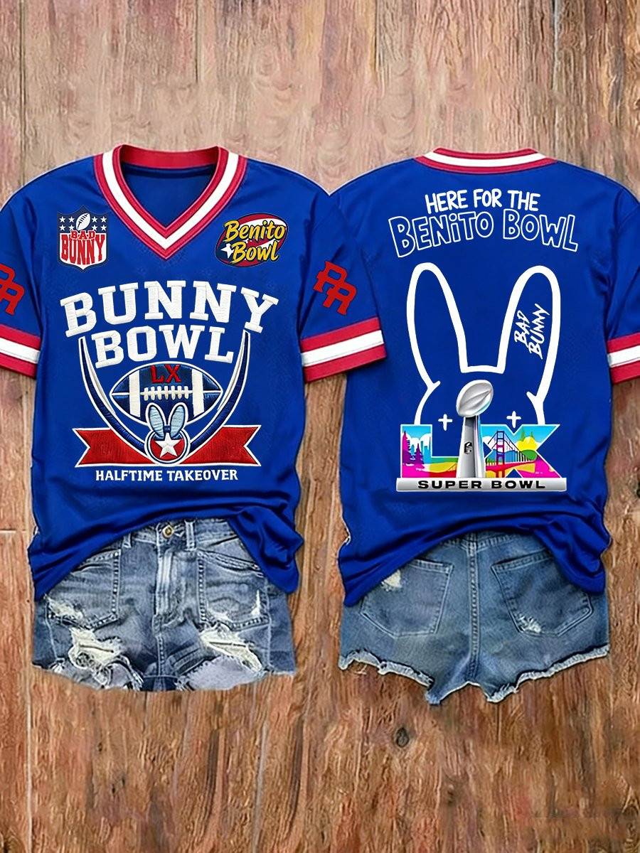 Bad Bunny Super Bowl Merch 2026 Here For The Benito Bowl V-Neck T-Shirt Game Day Apparel Bad Bunny Super Bowl Merch 2026 Here For The Benito Bowl V-Neck T-Shirt Game Day Apparel