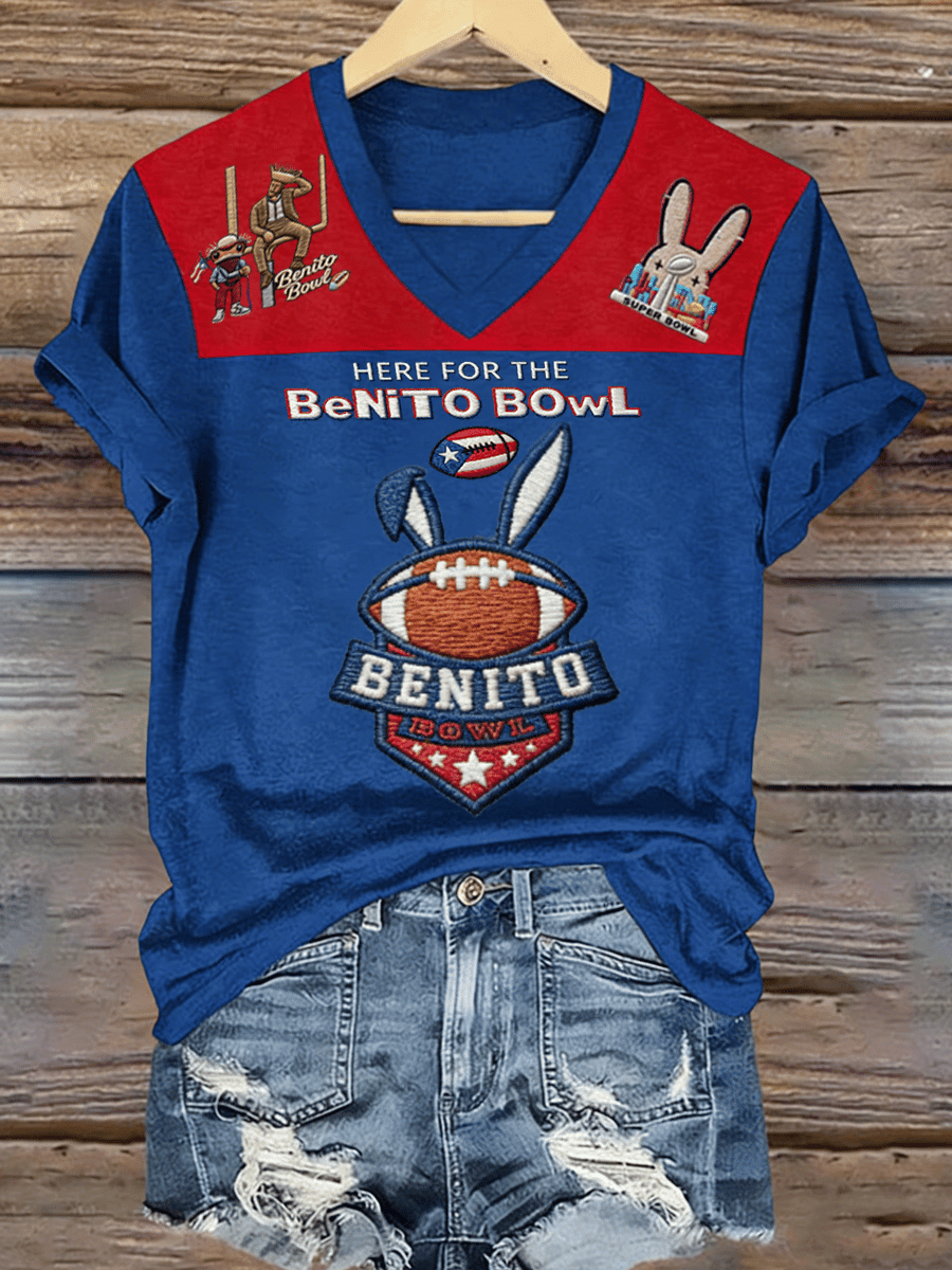 Bad Bunny Super Bowl Merch 2026 Here For The Benito Bowl V-Neck T-Shirt Game Day Clothing