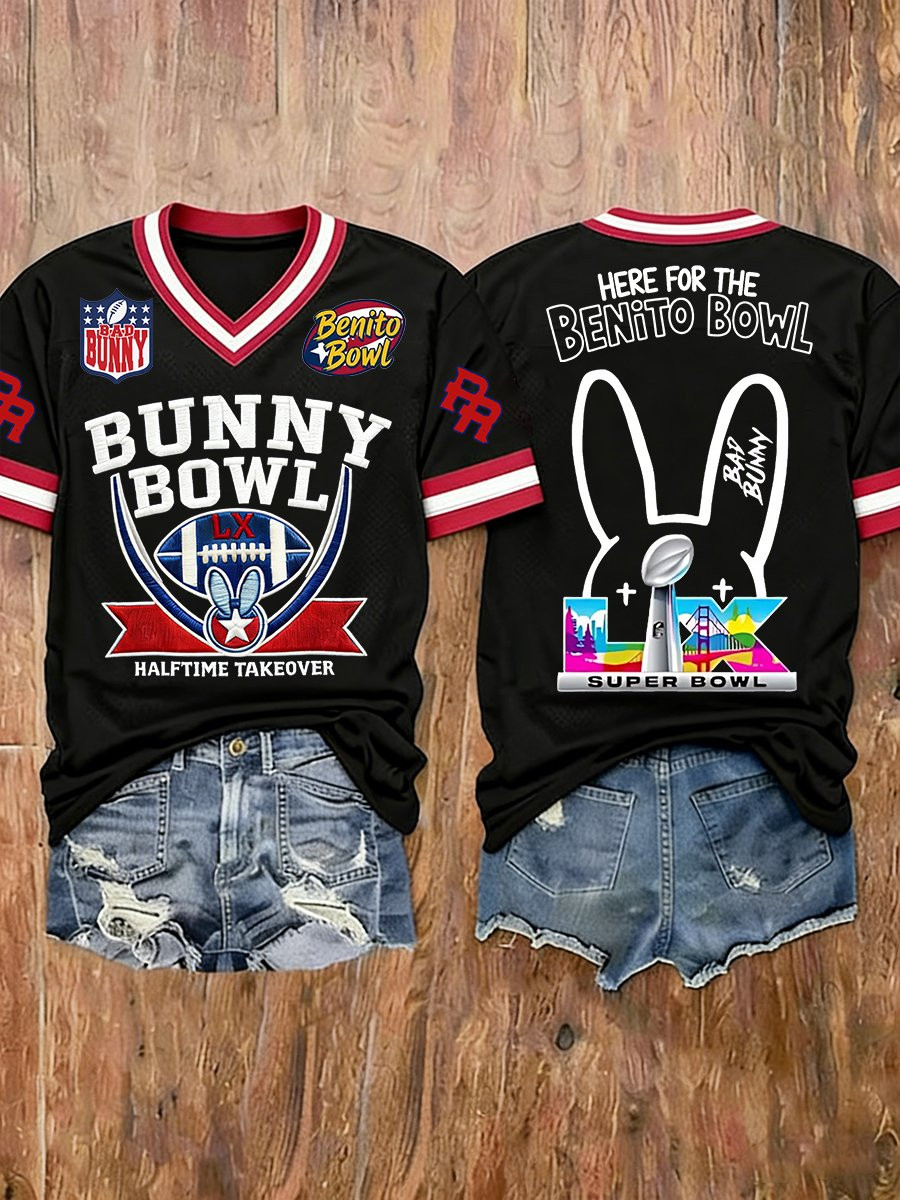 Bad Bunny Super Bowl Merch 2026 Here For The Benito Bowl V-Neck T-Shirt Game Day Gift For Wife