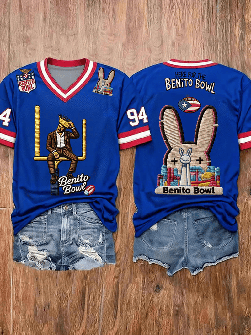Bad Bunny Super Bowl Merch 2026 Here For The Benito Bowl V-Neck T-Shirt Game Day Gifts For Her