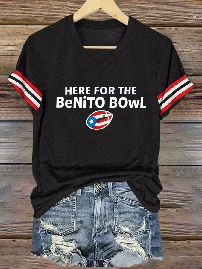 Bad Bunny Super Bowl Merch 2026 Here For The Benito Bowl V-Neck T-Shirt Gifts For Football Fan