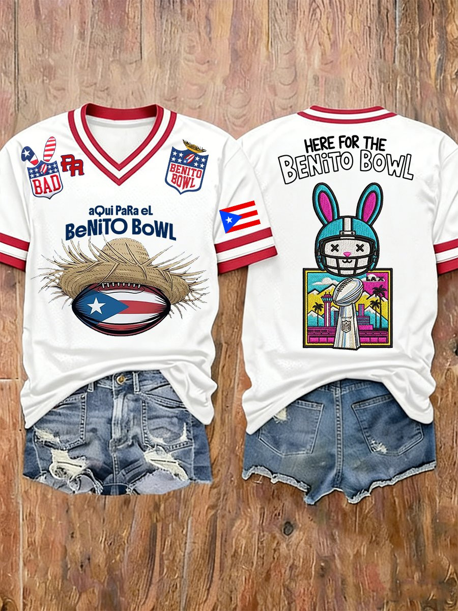 Bad Bunny Super Bowl Merch 2026 Here For The Benito Bowl V-Neck T-Shirt Puerto Rican Football