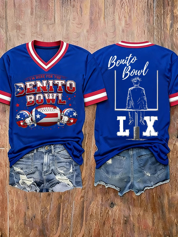 Bad Bunny Super Bowl Merch 2026 Here For The Benito Bowl V-Neck T-Shirt Puerto Rican Game Day