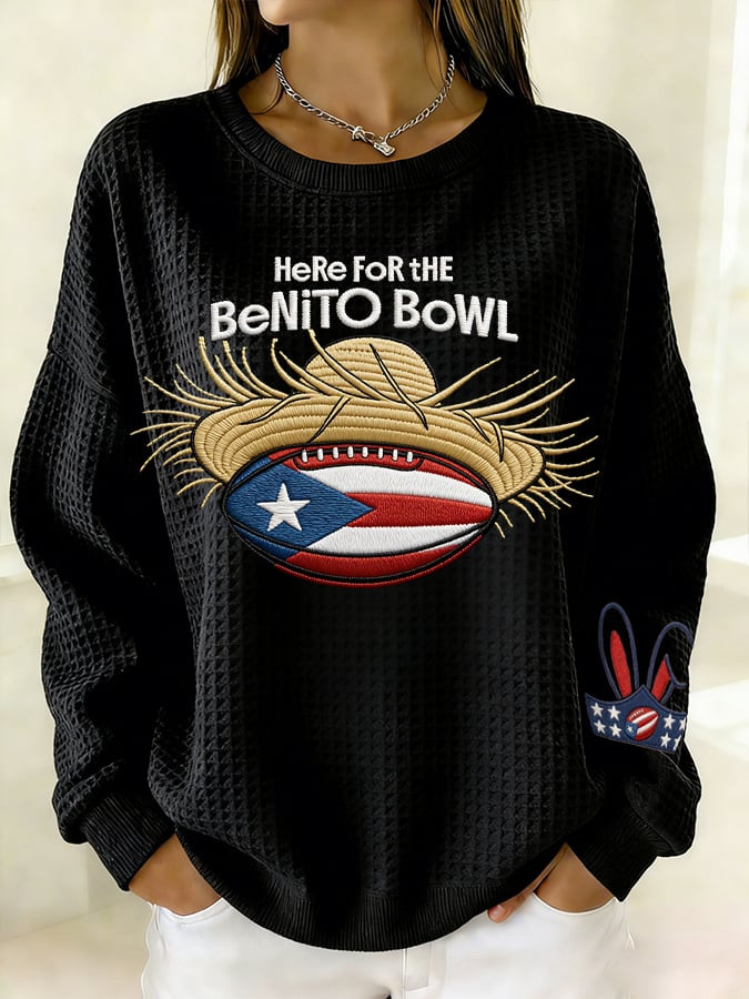 Bad Bunny Super Bowl Merch 2026 Here For The Benito Bowl Waffle Sweatshirt Bad Bunny Website