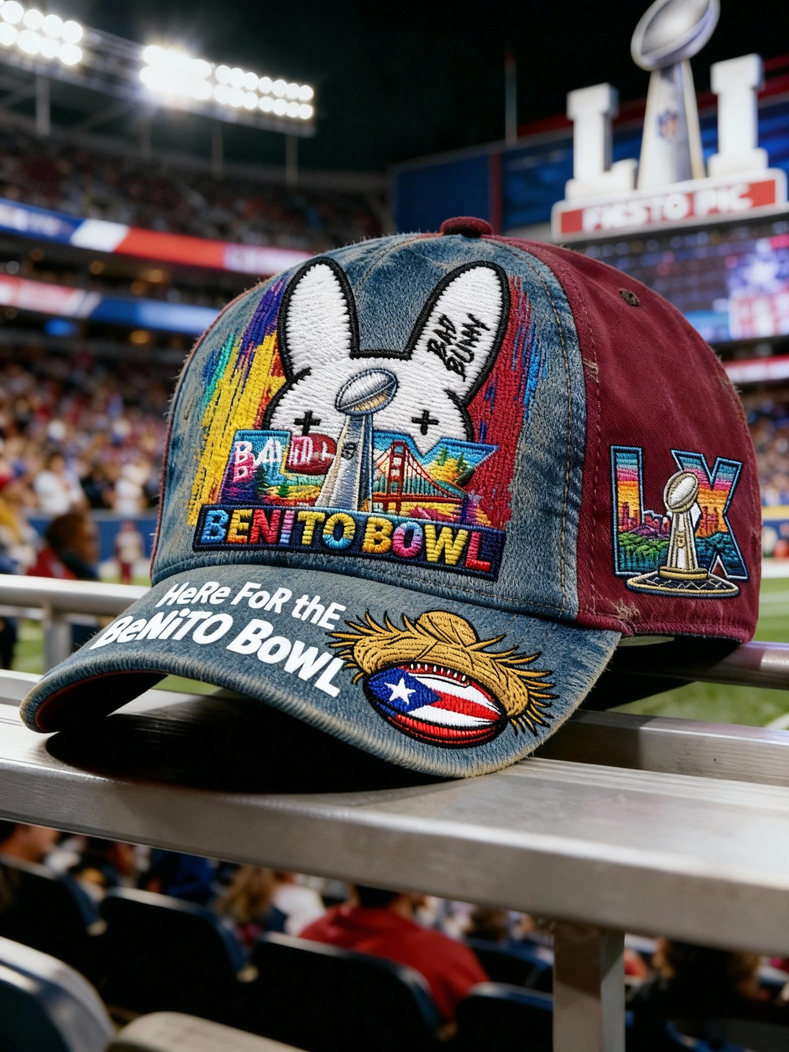 Bad Bunny Super Bowl Merch 2026 Here For The Bowl Hat Embroidered Puerto Rican Football Cap Bad Bunny Super Bowl Merch 2026 Here For The Bowl Hat Embroidered Puerto Rican Football Cap