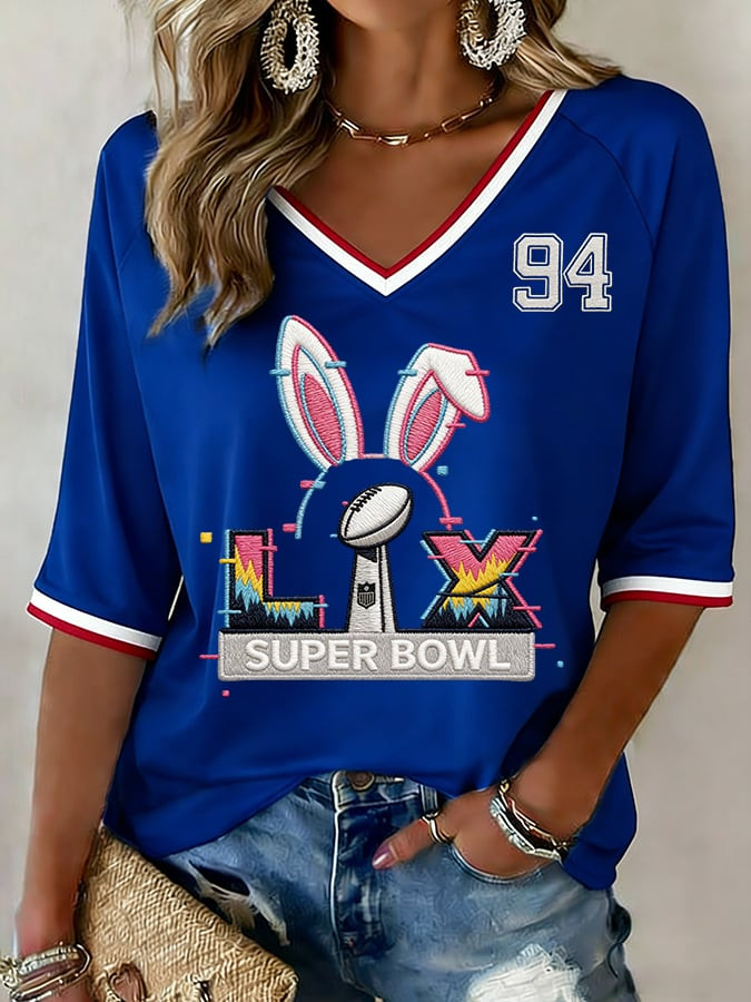 Bad Bunny Super Bowl Merch 2026 Here For The Bunny Bowl V-Neck T-Shirt Superbowl Merch