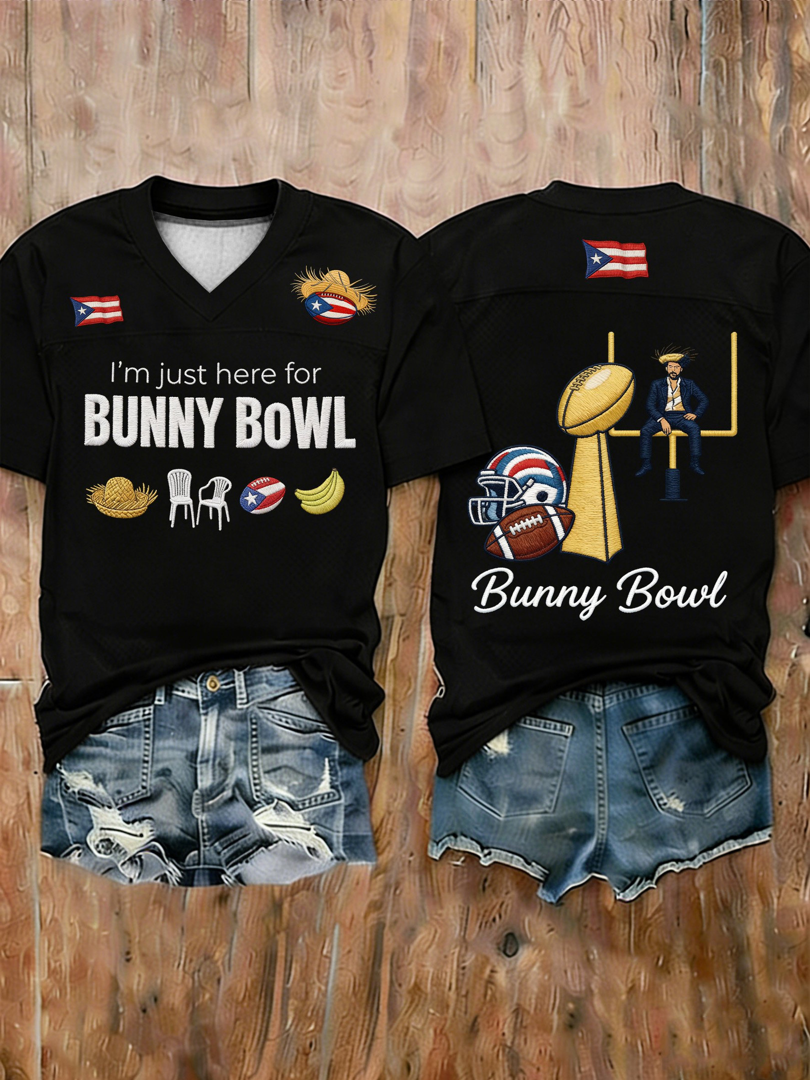 Bad Bunny Super Bowl Merch 2026 I'm Just Here For Benito Bowl V-Neck Shirt Fan Gifts Bad Bunny Super Bowl Merch 2026 I'm Just Here For Benito Bowl V-Neck Shirt Fan Gifts