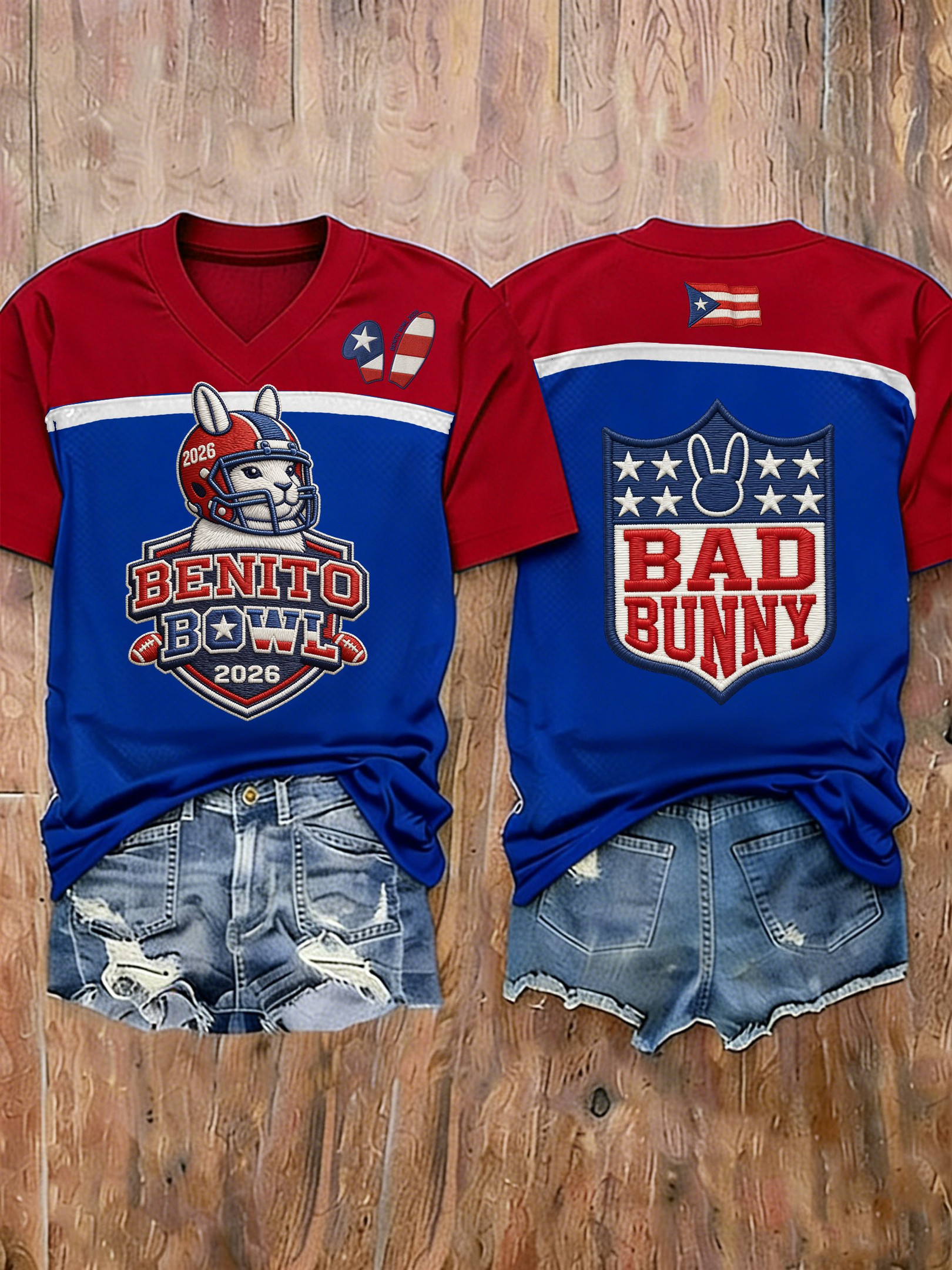 Bad Bunny Super Bowl Merch 2026 I'm Just Here For Benito Bowl V-Neck Shirt Gifts For Football Fan Bad Bunny Super Bowl Merch 2026 I'm Just Here For Benito Bowl V-Neck Shirt Gifts For Football Fan