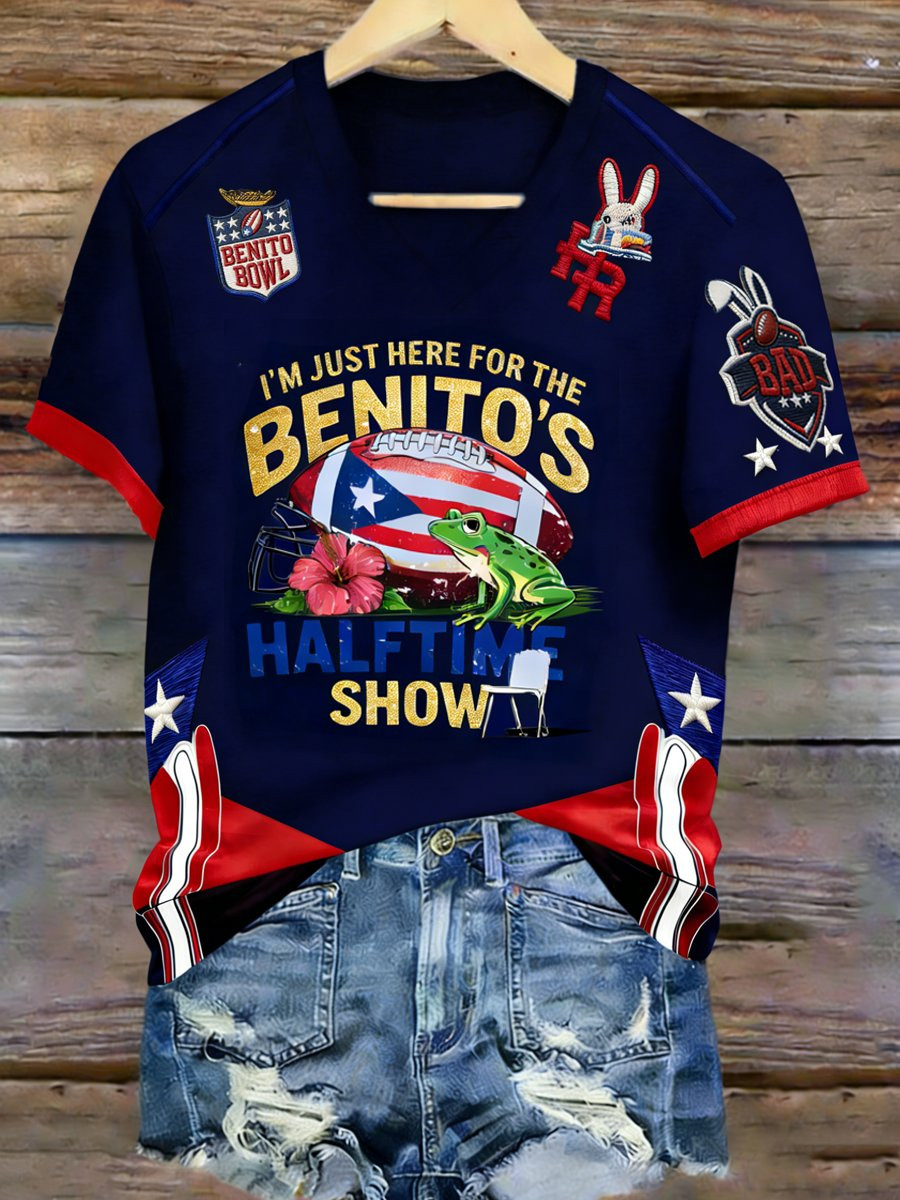 Bad Bunny Super Bowl Merch 2026 I'm Just Here For The Benito's V-Neck T-Shirt Benito Bowl Merch