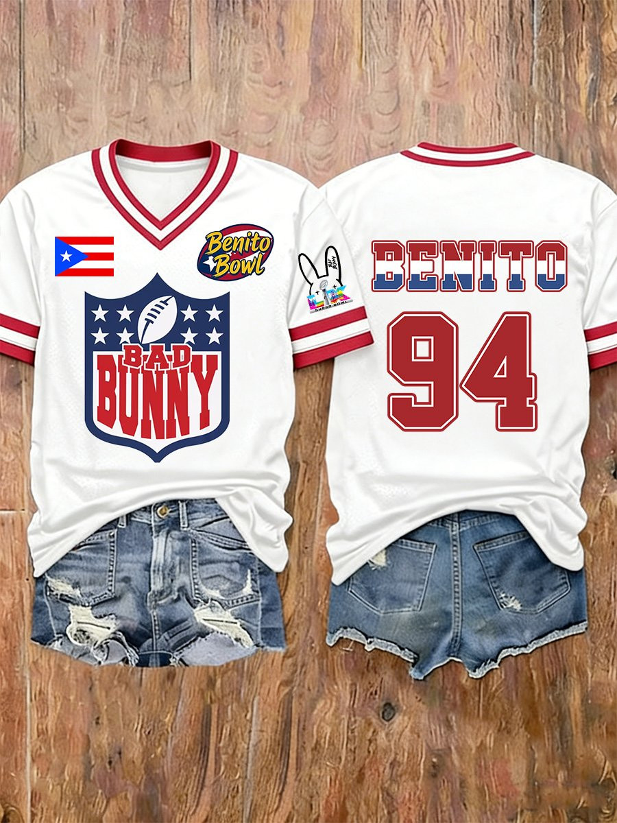 Bad Bunny Super Bowl Merch 2026 Puerto Rican Football Benito Bowl V-Neck Shirt Football Merch Bad Bunny Super Bowl Merch 2026 Puerto Rican Football Benito Bowl V-Neck Shirt Football Merch