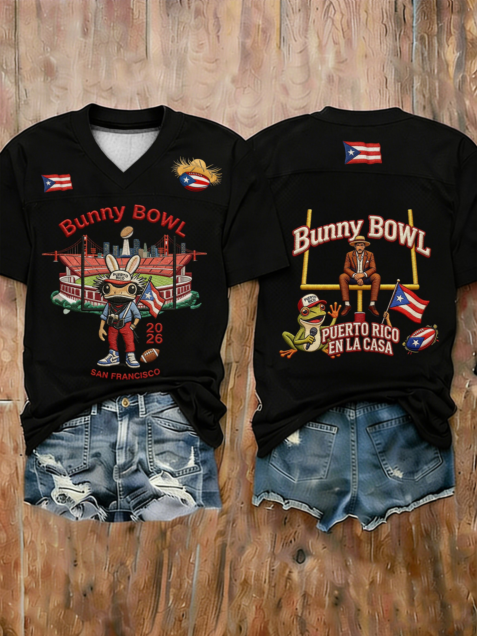 Bad Bunny Super Bowl Merch 2026 Puerto Rican Football V-Neck Shirt Benito Bowl Fan Gift Bad Bunny Super Bowl Merch 2026 Puerto Rican Football V-Neck Shirt Benito Bowl Fan Gift