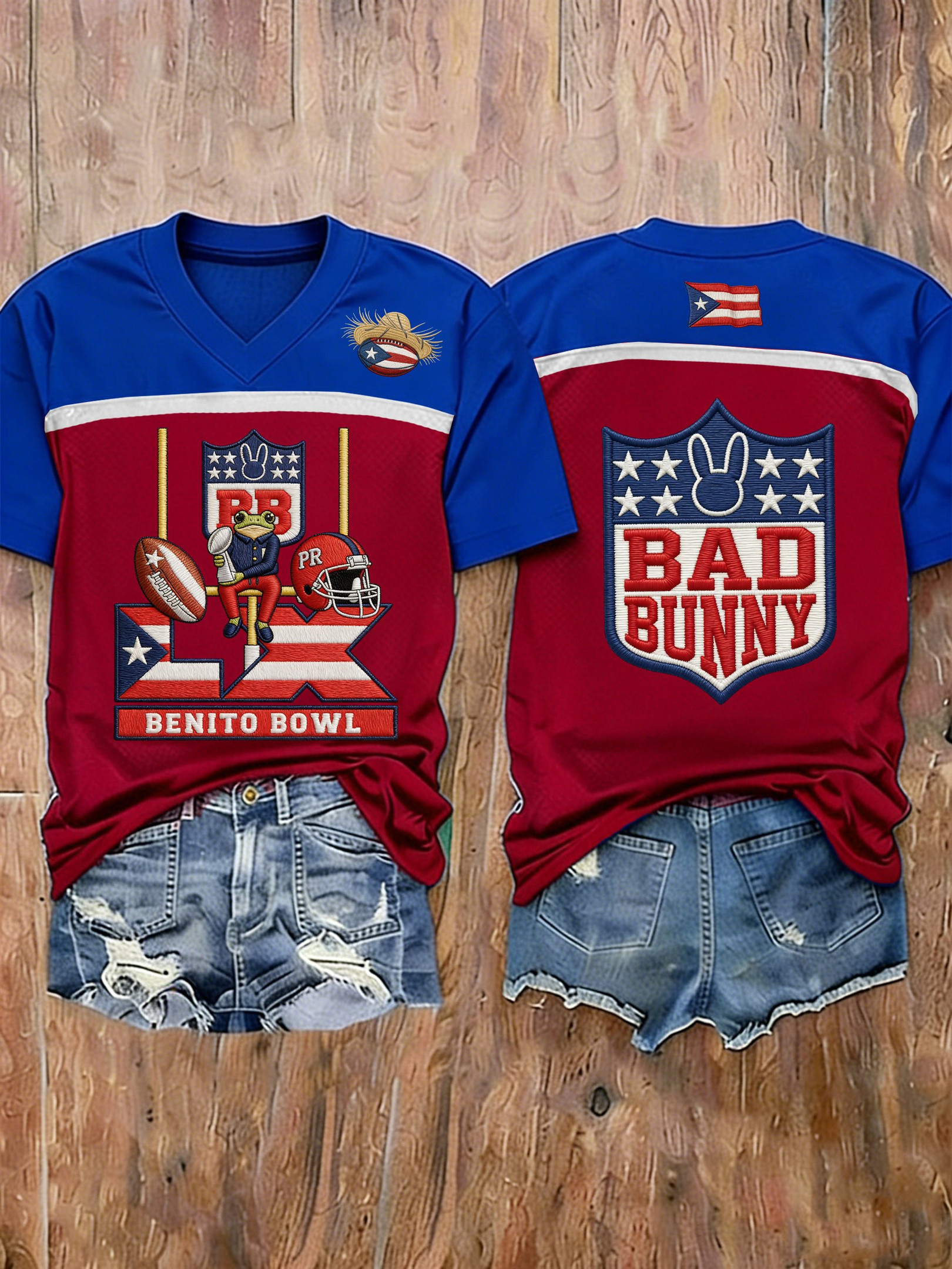 Bad Bunny Super Bowl Merch 2026 Puerto Rican Football V-Neck Shirt Benito Bowl Merch For Fans