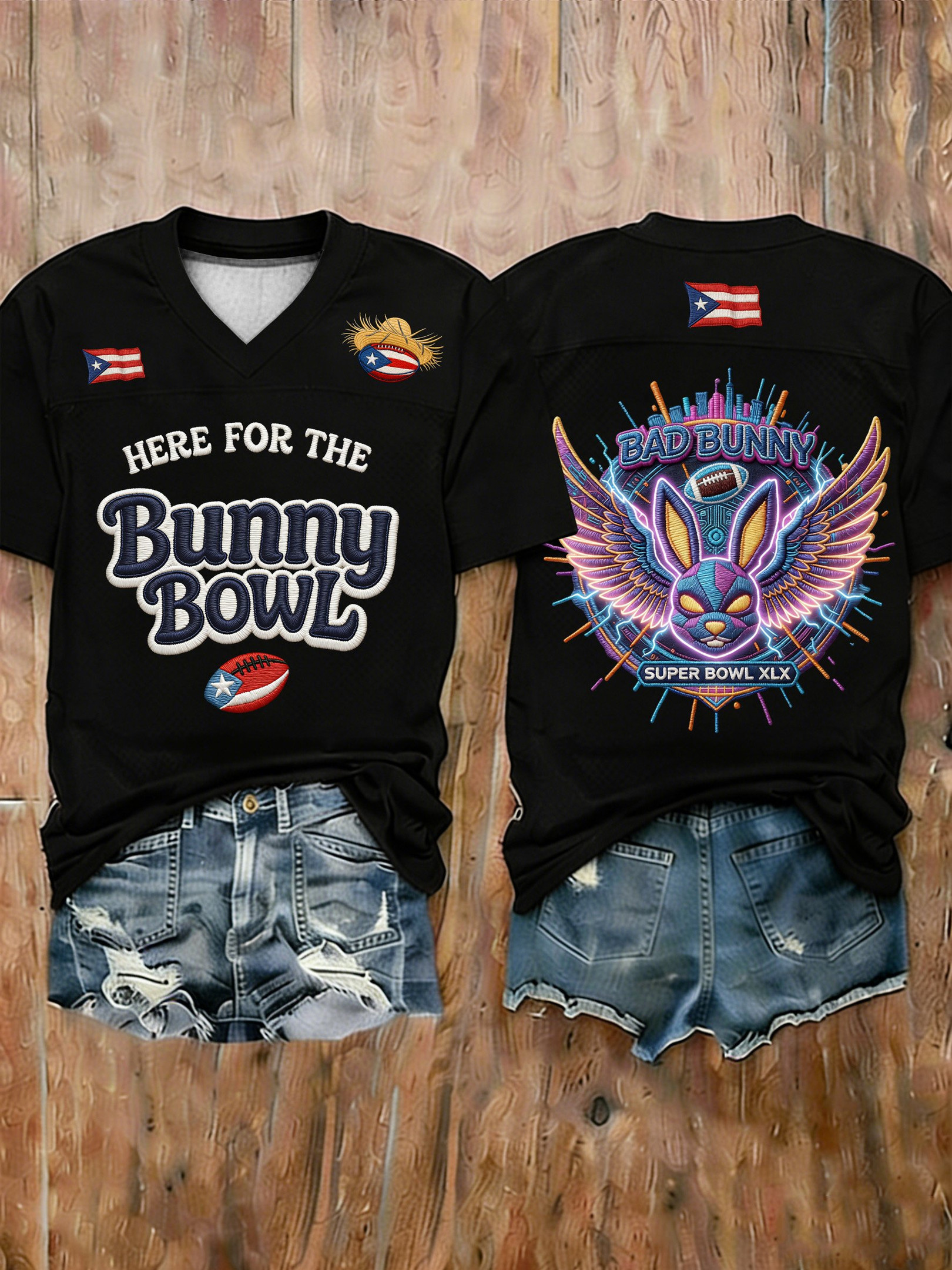Bad Bunny Super Bowl Merch 2026 Puerto Rican Football V-Neck Shirt Here For The Benito Bowl Shirt