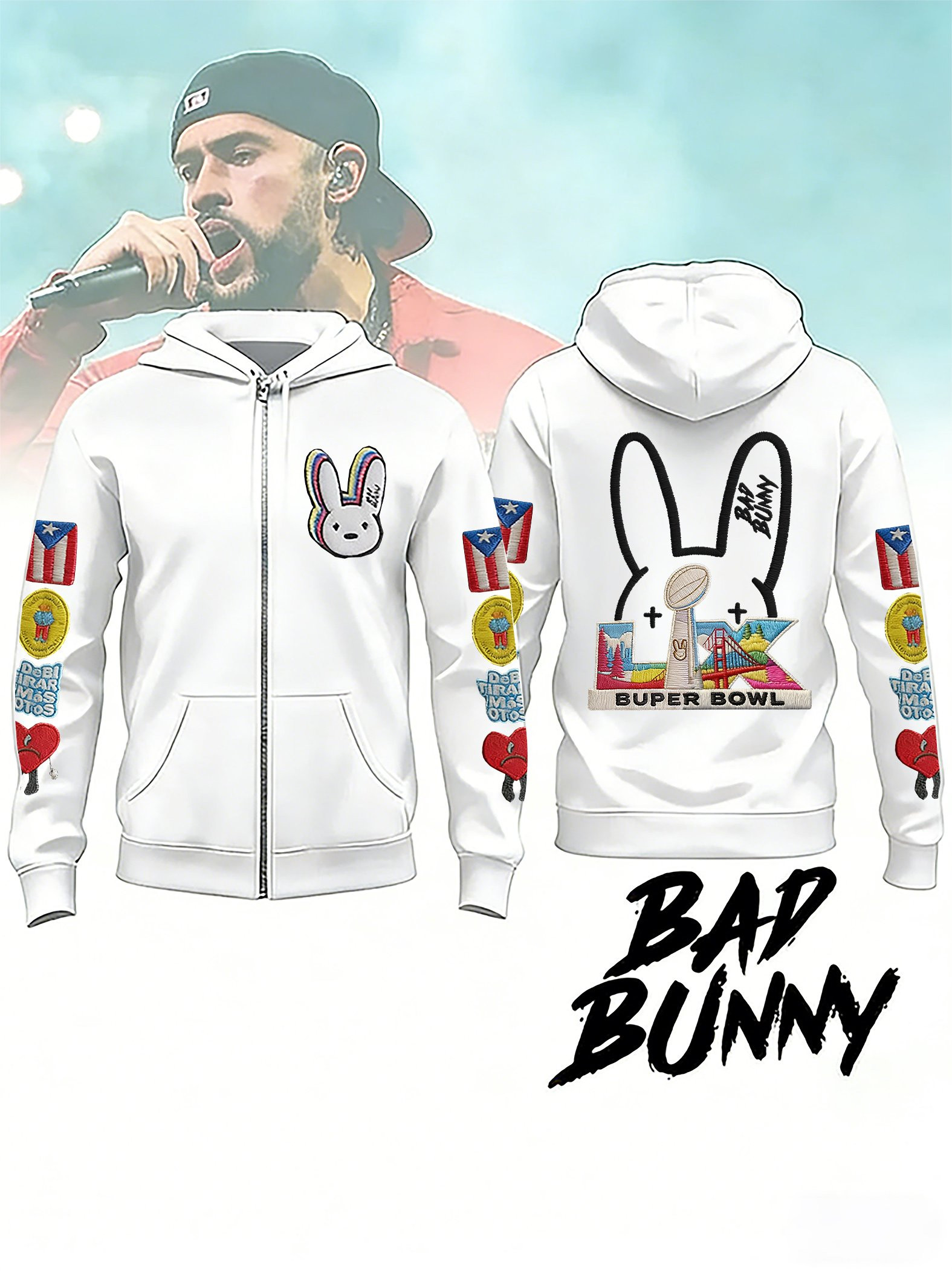 Bad Bunny Super Bowl Merch 2026 Puerto Rican Rapper Benito Bowl Zip Hoodie Gifts For Husband