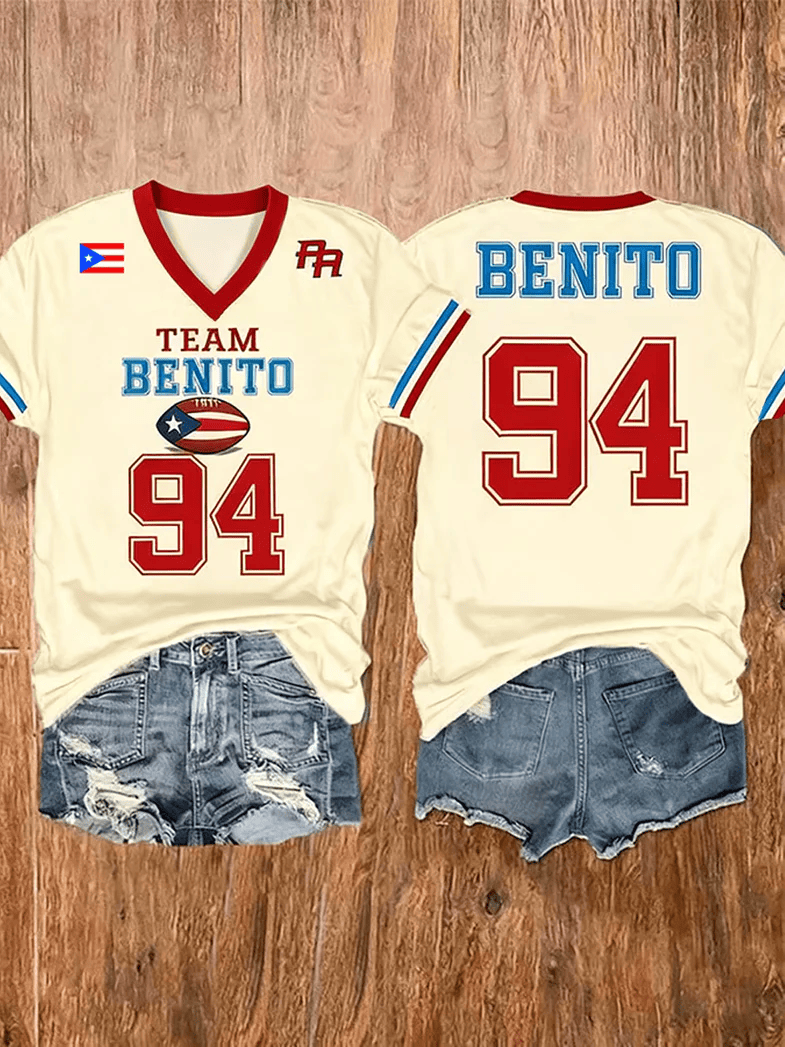 Bad Bunny Super Bowl Merch 2026 Team Benito Bowl V-neck T-Shirt Puerto Rican Football Merch Bad Bunny Super Bowl Merch 2026 Team Benito Bowl V-neck T-Shirt Puerto Rican Football Merch