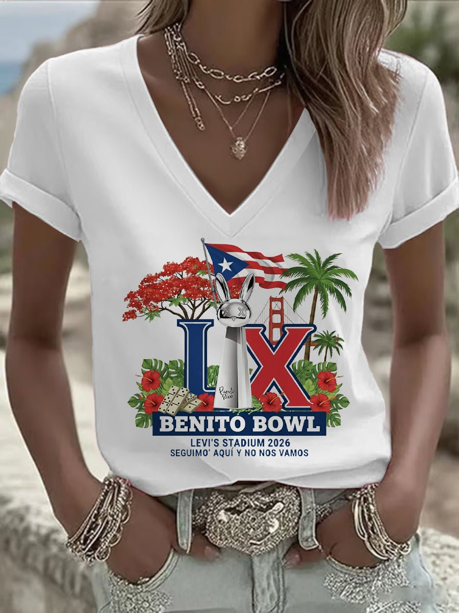 Bad Bunny Tour 2026 Merch Benito Bowl LX V-Neck Shirt Cool Gifts For Wife