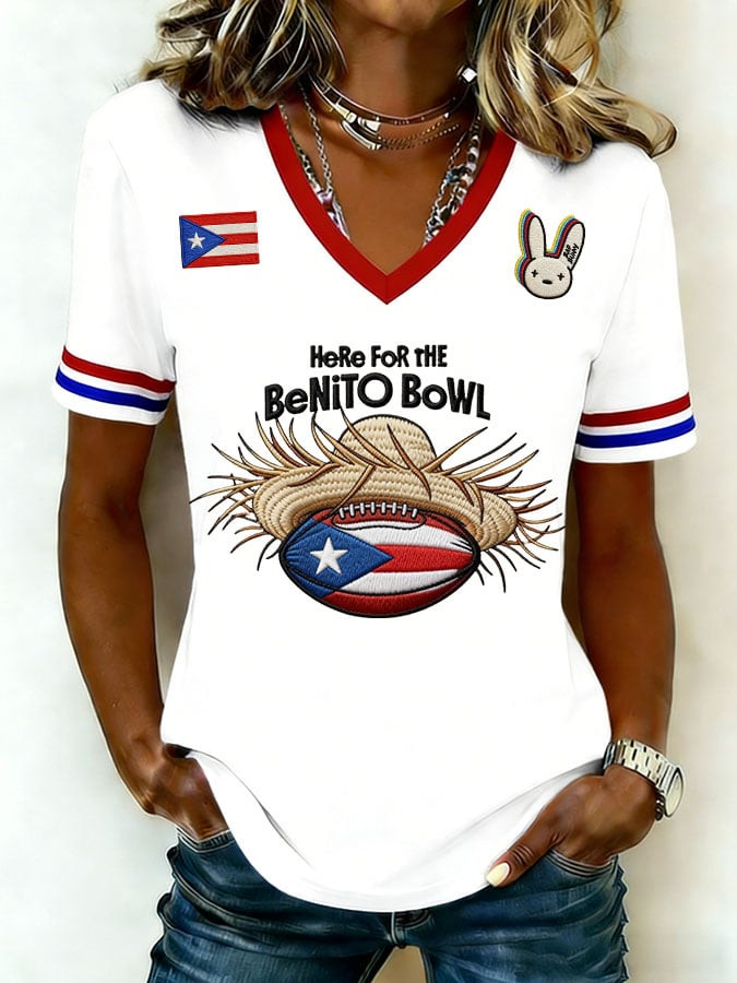 Bad Bunny Tour 2026 Merch Here For The Benito Bowl V-Neck Shirt Gift For Football Players
