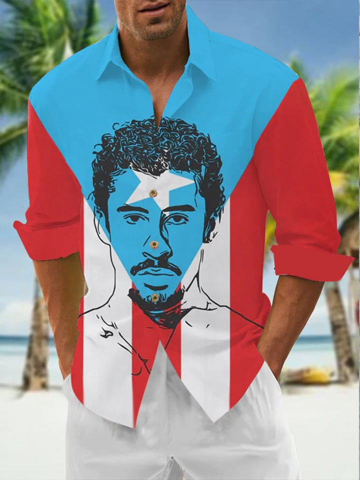 Bad Bunny Tour 2026 Merch Puerto Rico Flag Button Up Long Sleeve Shirt Gifts For Husband