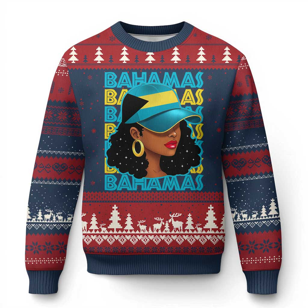 Bahamian Girl Ugly Christmas Sweater Melanin Afro Black Woman Bahamas Flag Sweater Gifts