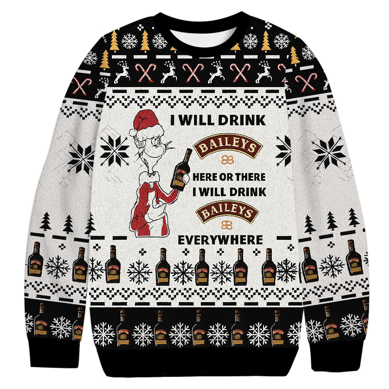 Baileys Cat Hat Will Drink Everywhere Christmas Ugly Sweatshirt Festive Xmas Winter Sweater Gift Ideas