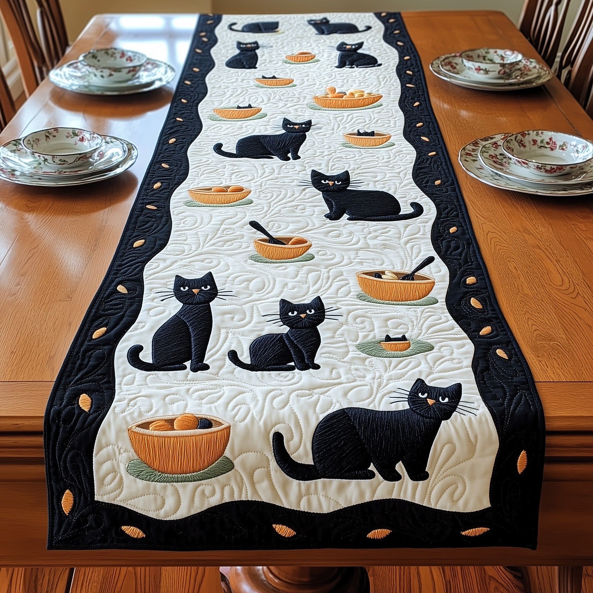 Balck Cat Quilted Table Runner Cozy Christmas Table Runner