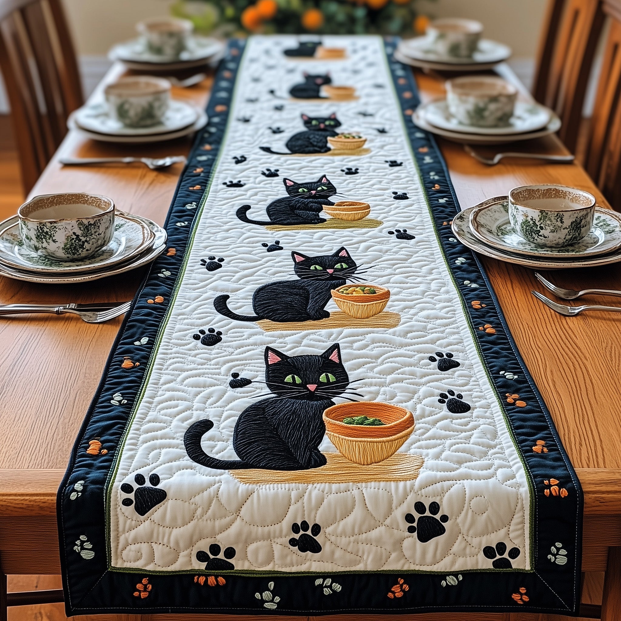 Balck Cat Quilted Table Runner Merry Christmas Table Runner Decor