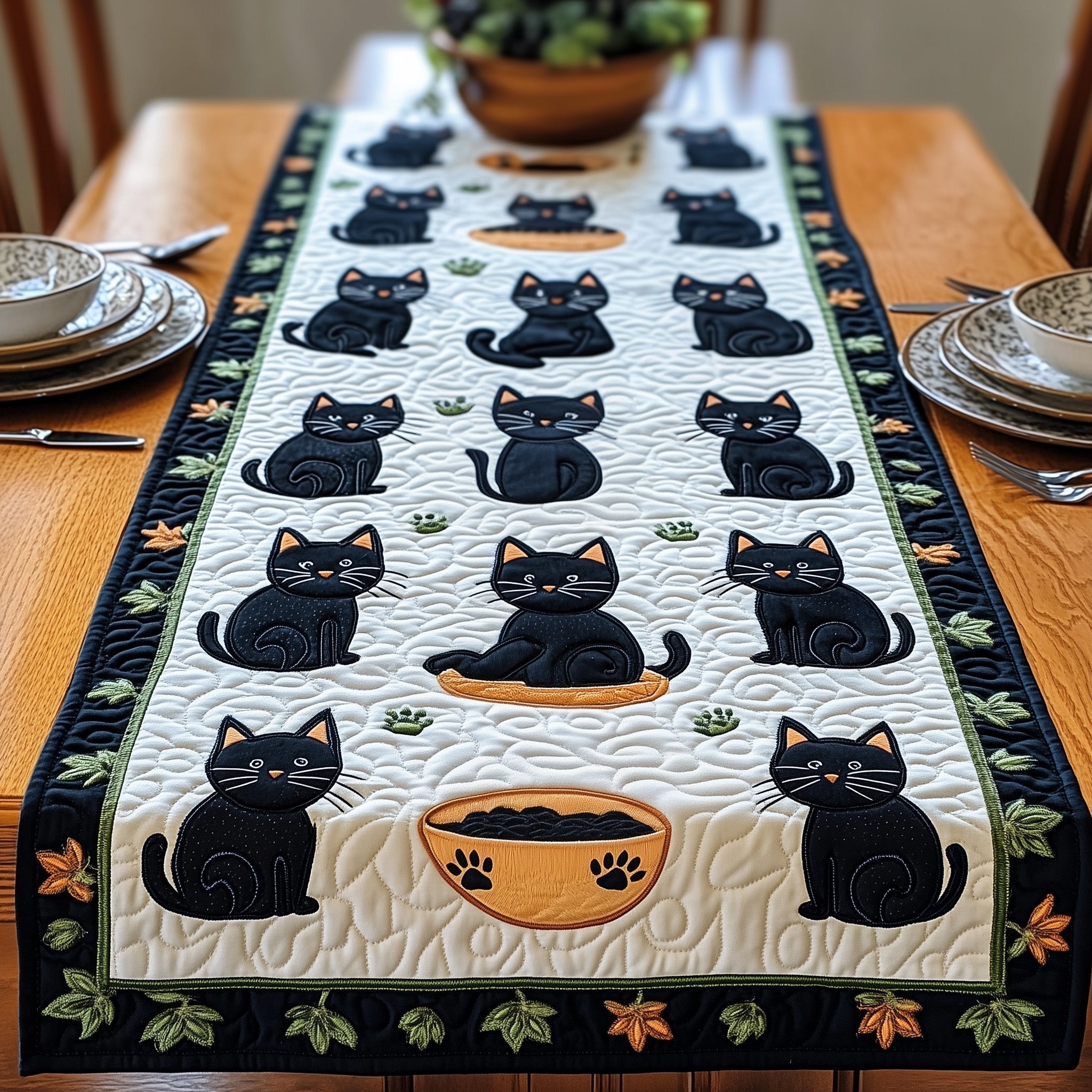 Balck Cat Quilted Table Runner Table Runner for Christmas Decor