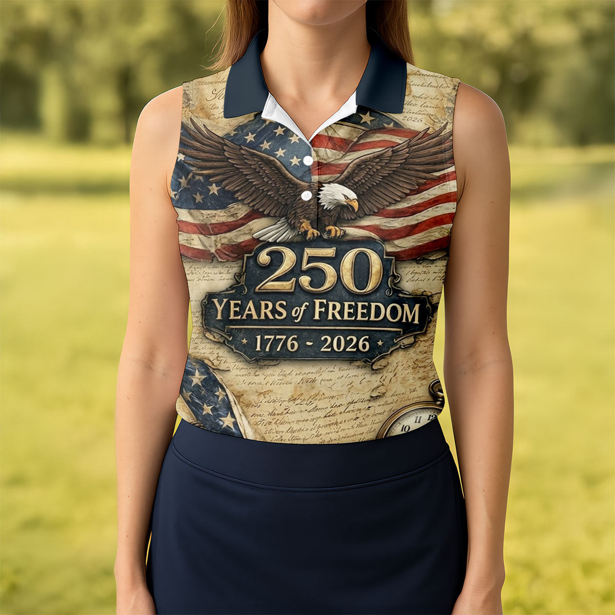 Bald Eagle 250 Years Of Freedom Retro Sleeveless Polo Shirt Patriotic Apparel Ladies Golf Gifts
