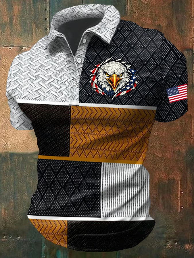 Bald Eagle American Flag Polo Shirt USA Patriotic Colorblock Fan Gear Best Gift For Veterans Day