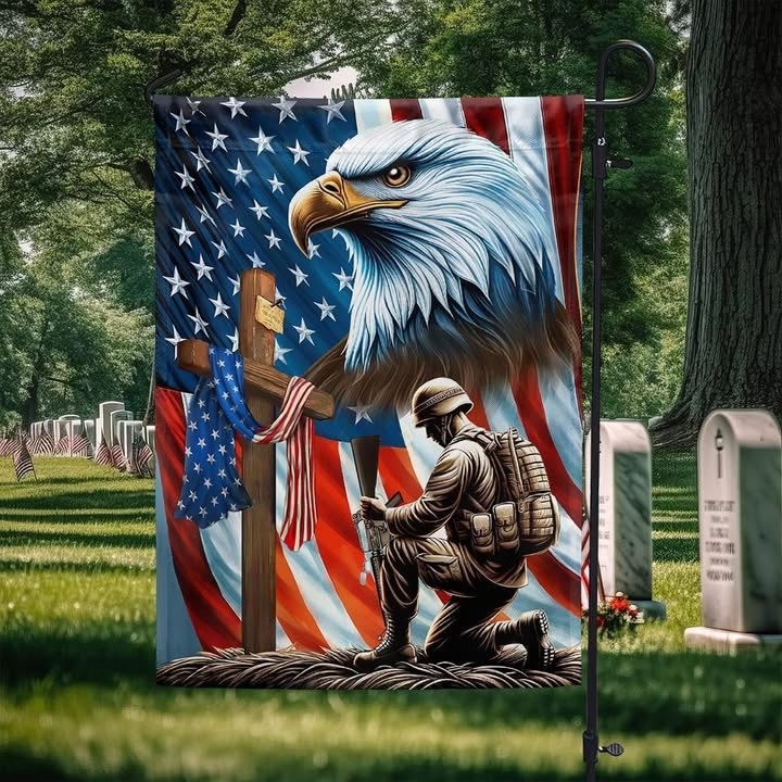 Bald Eagle Kneeling Soldier Cross American Flag Faith Patriotic Veteran Gift Ideas