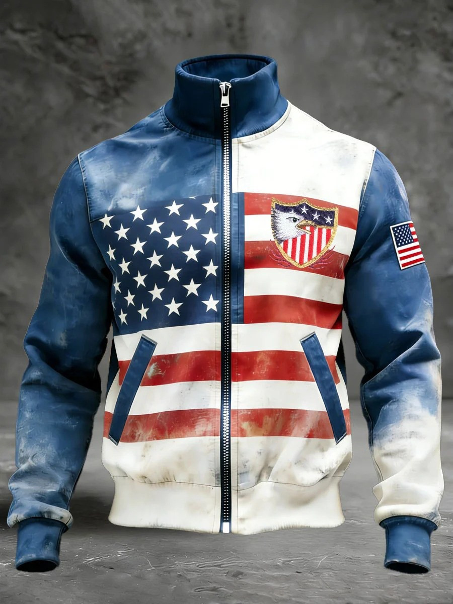 Bald Eagle Shield American Flag Zip Jacket Mens Patriotic Apparel 250th Anniversary Gift