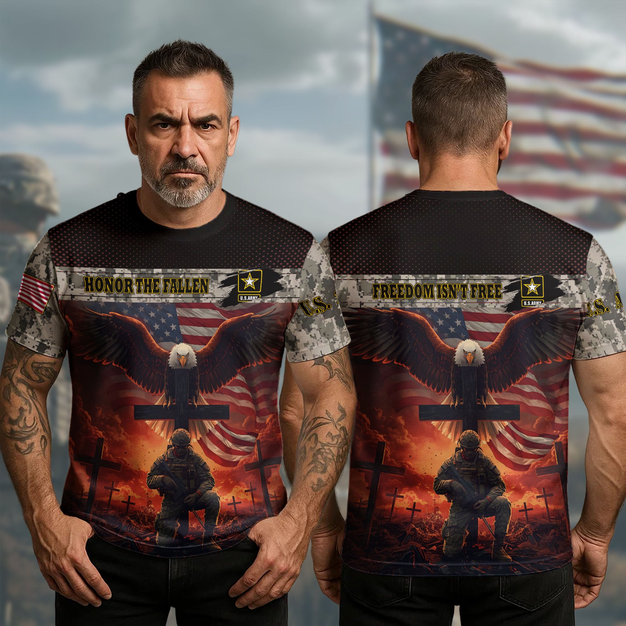 Bald Eagle U.S Veteran T-Shirt Honor The Fallen Under God Protected By Valor Proud Gifts