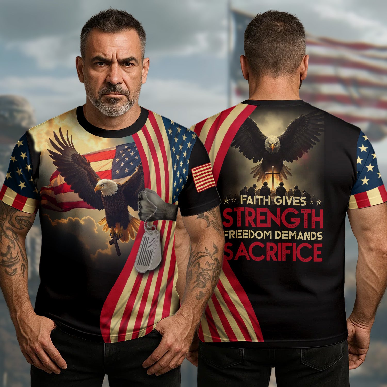 Bald Eagle US Veteran T-Shirt Faith Gives Strength Freedom Demands Sacrifice Veteran Clothing