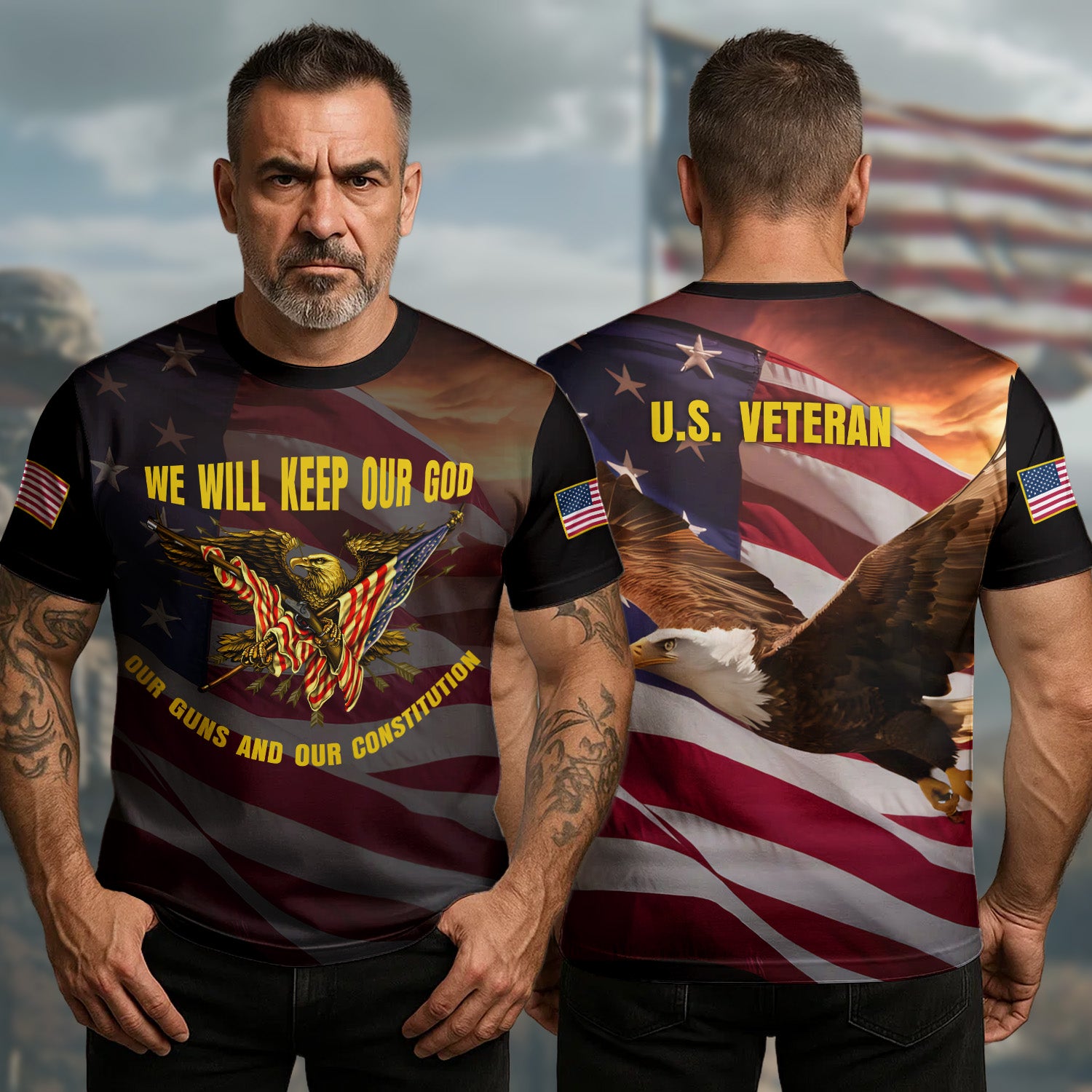 Bald Eagle US Veteran We Will Keep Our God T-Shirt Guns and Constitution Tribute Gifts For Dad