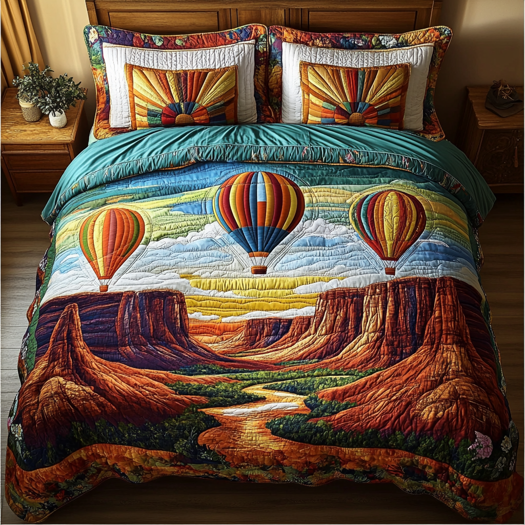 Balloon Adventure Quilted Bedding Set Cute Room Decor Unique Sky Air Balloon Presents