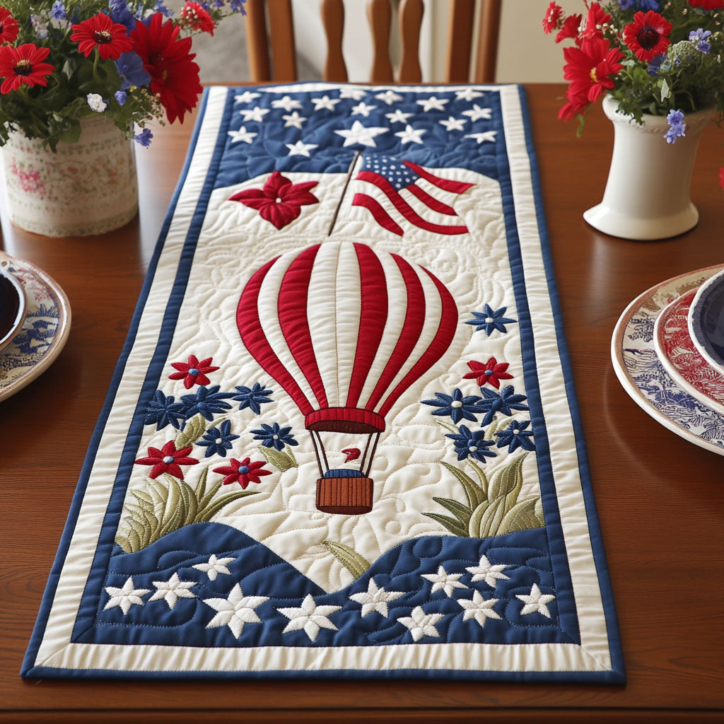 Balloon and Freedom Quilted Table Runner Kitchen Table Decor Patriotic Gifts For Her
