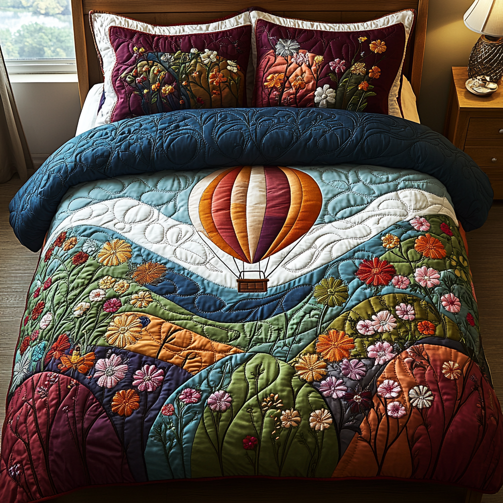 Balloon Odyssey Quilted Bedding Set King Size Duvet Cover Father's Day Presents From Daughter