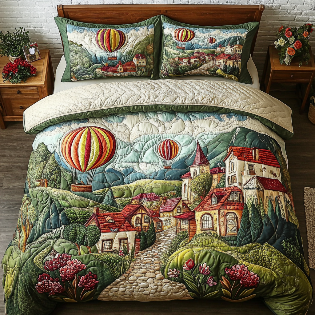 Balloon View Quilted Bedding Set Bed Decor Sky Air Balloon Gifts For Adults 