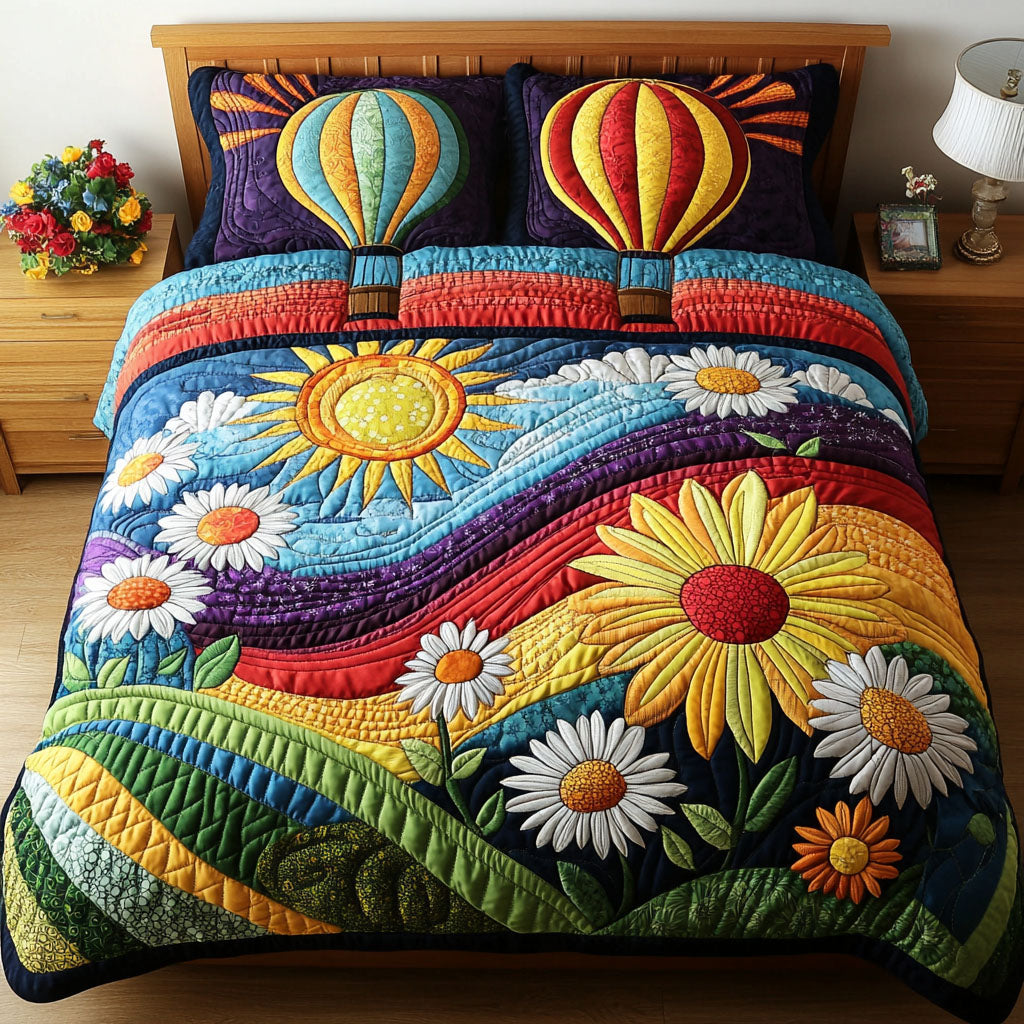 Balloons Of Sunshine Quilted Bedding Set Lightweight Duvet Cover Set for Year-Round Comfort