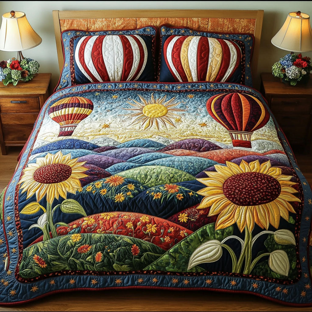 Balloons Over Bloom Valley Quilted Bedding Set Best Bed Sheet Set Sky Air Balloon Themed Gifts