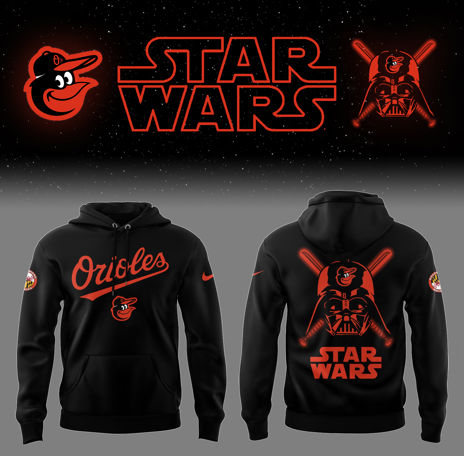 Baltimore Orioles Baseball 2025 Orioles x Star Wars Black Hoodie Gifts For Baseball Fans